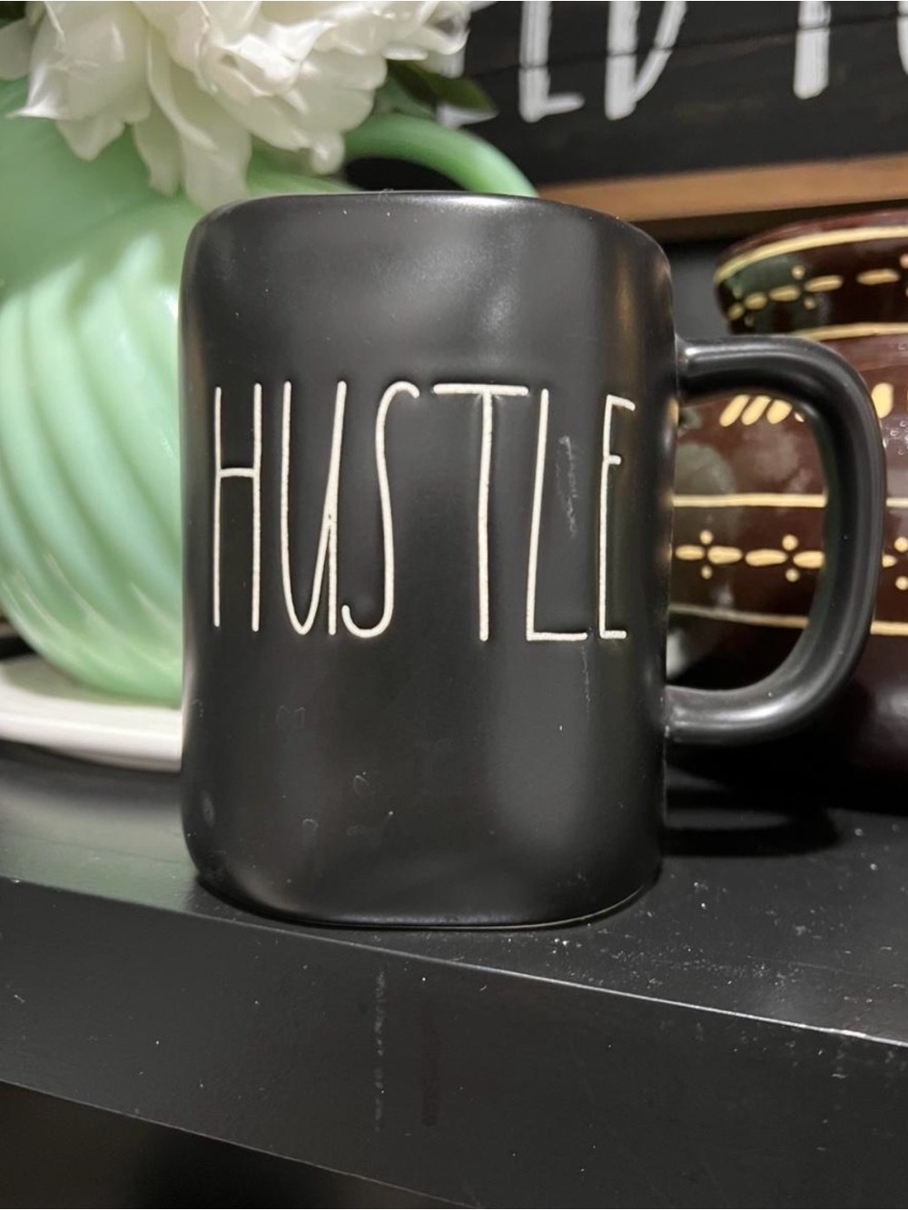 Rae Dunn HUSTLE Black Ceramic Mug - Inspirational Home Accent